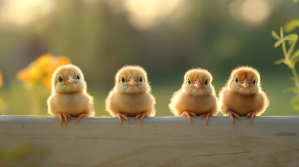 Fototapeta premium Four Adorable Baby Chicks in a Row