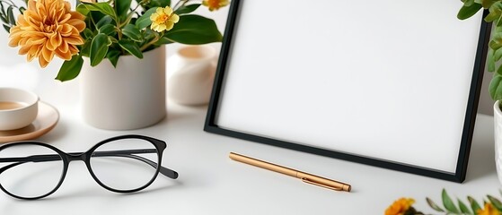Elegant and organized minimalist desk workspace with laptop computer stationery supplies eyeglasses and a vase of flowers or plants creating a clean productive and inspiring work environment