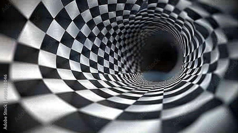 Poster a checkered pattern forms a swirling tunnel leading into the darkness.