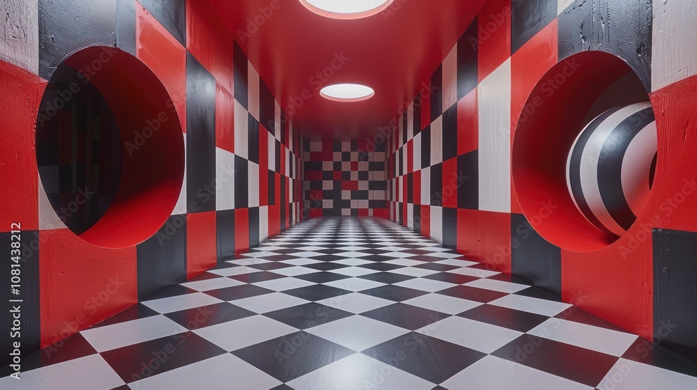 Poster a red and black checkered floor and wall pattern hallway with circular openings and a ceiling light.