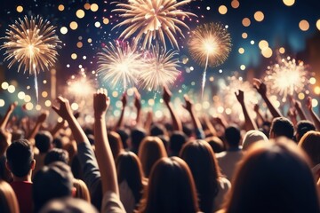 Colorful fireworks lighting up the night sky over the city during a festive celebration, with bursts of red and bright explosions creating a lively New Year party atmosphere