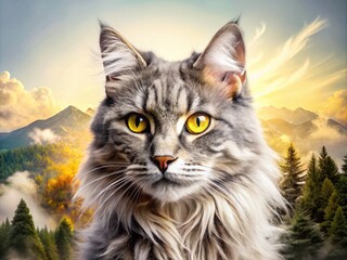 Close-up of a Majestic Cat with Striking Yellow Eyes and Fluffy Fur - Double Exposure Artistry of Nature and Feline Beauty