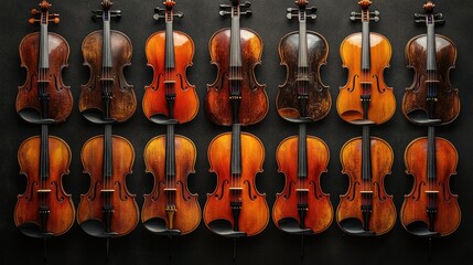 Naklejka premium A row of twelve violins, each with a unique varnish and grain pattern, against a dark backdrop.