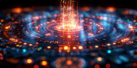 Futuristic digital interface with glowing circular patterns and data streams, symbolizing technology