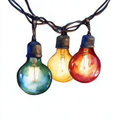 Colorful string lights in watercolor style, featuring green, orange, and red bulbs, creating warm and festive atmosphere