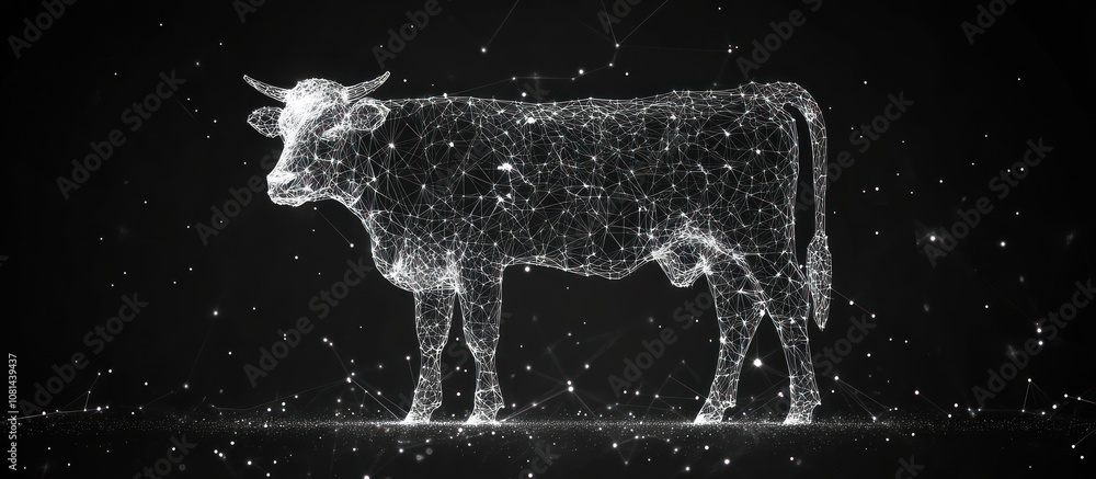 Poster cow formed from a digital plexus network of light points on a dark background.