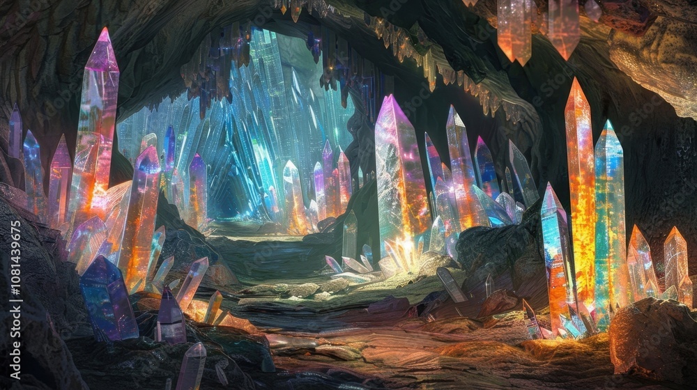 Poster a labyrinth of underground tunnels adorned with crystal formations of all shapes and sizes casting c