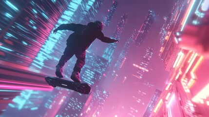 Futuristic Cityscape with a Hoverboard Rider