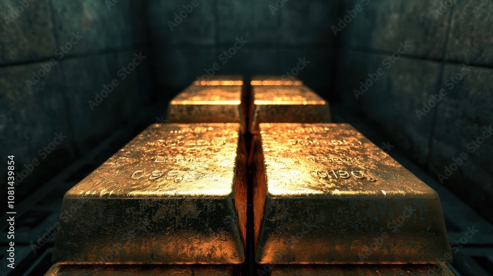 Poster the image features shiny gold bars arranged in a vault, reflecting light and emphasizing their valua