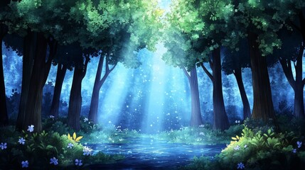 Obraz premium Magical Enchanted Forest Mystical Blue Light Fantasy Nature Scene Fantasy Background Woodland Lake