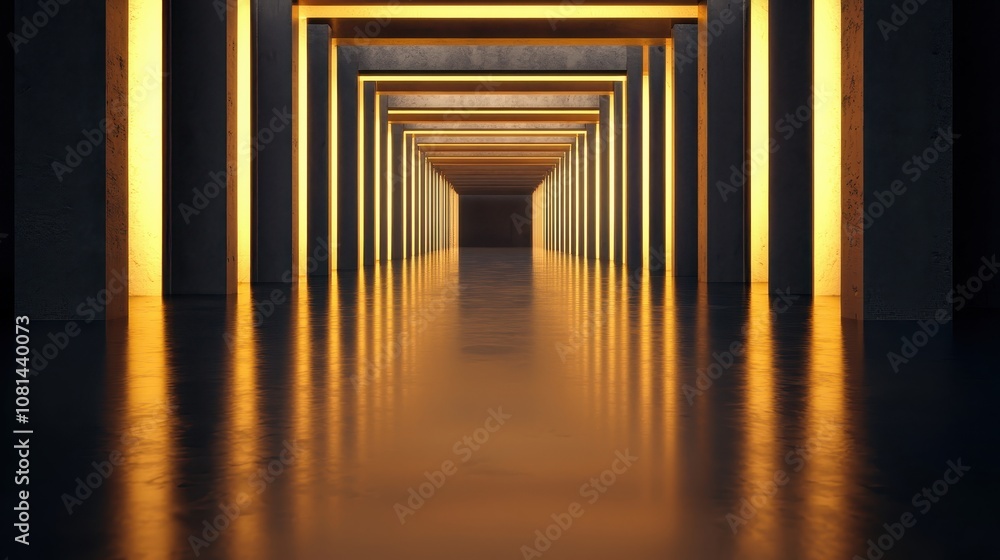 Poster a mesmerizing hallway with illuminated edges reflecting on a smooth floor, creating a captivating at
