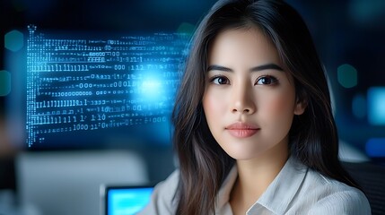 Fototapeta premium Confident and Focused Asian Female Professional Examining Digital Data and Code on Computer Screen in a High Tech Business Environment