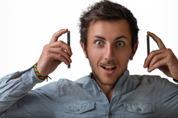 Positioned with smartphones by his head, the man’s expression captures the essence of information flow. This transparent setup represents data transfer and the immersive power of technology