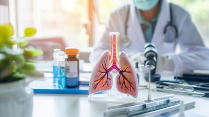 Close-up of scientist examining lung model with asthma symptoms, surrounded by medical research tools and charts in well-lit laboratory. Medical research, asthma study, and scientific investigation co
