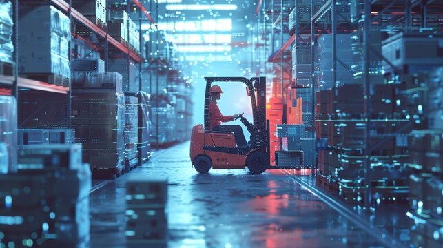Warehouse worker in a safety helmet drives a forklift in a futuristic digital setting. Surrounded by storage racks and merchandise
