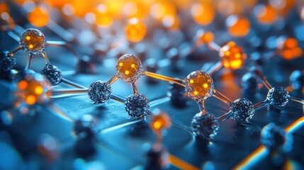 Abstract 3D rendering of a molecular structure with glowing orange spheres connected by silver bonds.