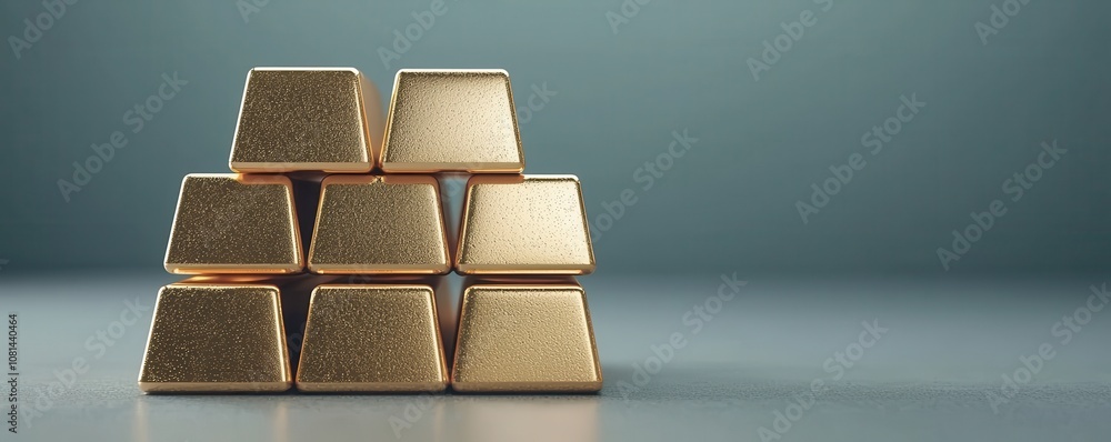 Poster a set of gleaming gold bars arranged in a pyramid on a smooth surface, reflecting light and emphasiz