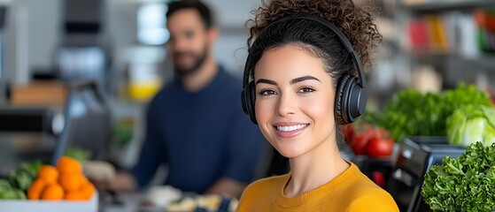 Cheerful young female professional wearing headphones and smiling happily while working in a modern office workspace  Concept of positive attitude technology and collaborative corporate culture