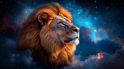 Fototapeta premium Majestic Lion Profile Against Starry Night Sky Wildlife Nature Space Galaxy Power Majesty Dreams