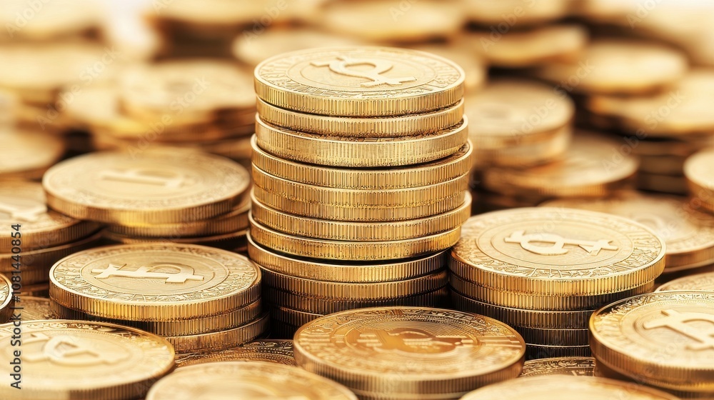 Poster a pile of shiny gold coins stacked neatly on a bed of scattered coins, creating a visually striking 