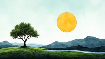 Serene Landscape Tree River Mountains Sun Nature