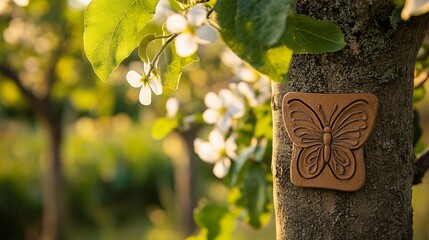 A tranquil orchard scene where fruit trees are marked by a small clay plaque featuring a stylized butterfly and blooming flowers, evoking the purity and natural processes of organic farming.