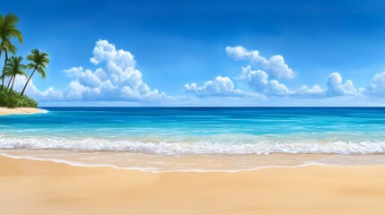 Tropical Beach Scene Idyllic Island Ocean Palm Trees Blue Sky Summer Vacation