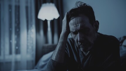 Middle-aged man sitting alone in a quiet room, holding his head with one hand, looking stressed and concerned. Emotional state of solitude and introspection.