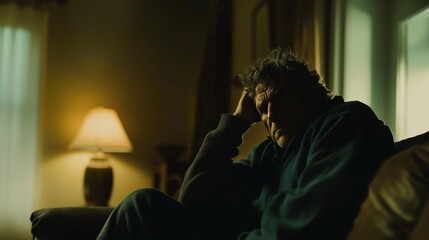 Fototapeta premium Middle-aged man sitting alone in a quiet room, holding his head with one hand, looking stressed and concerned. Emotional state of solitude and introspection.