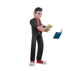 Cartoon Dance Creator Character. a male choreographer stands with both hands holding paper and in front of him there is a book. 3D Choreographer