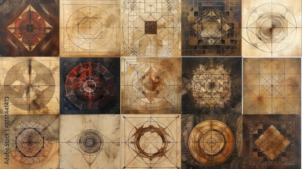 Poster a collection of 18 square tiles with intricate patterns. the patterns are all geometric and created 