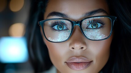 Sophisticated and Alluring Woman in Fashionable Eyeglasses Gazing Intently with a Captivating and Refined Expression