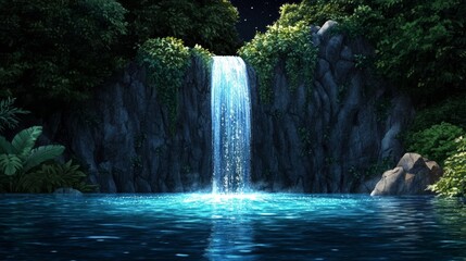Fototapeta premium Serene Night Waterfall Lush Tropical Rainforest Dark Blue Pool