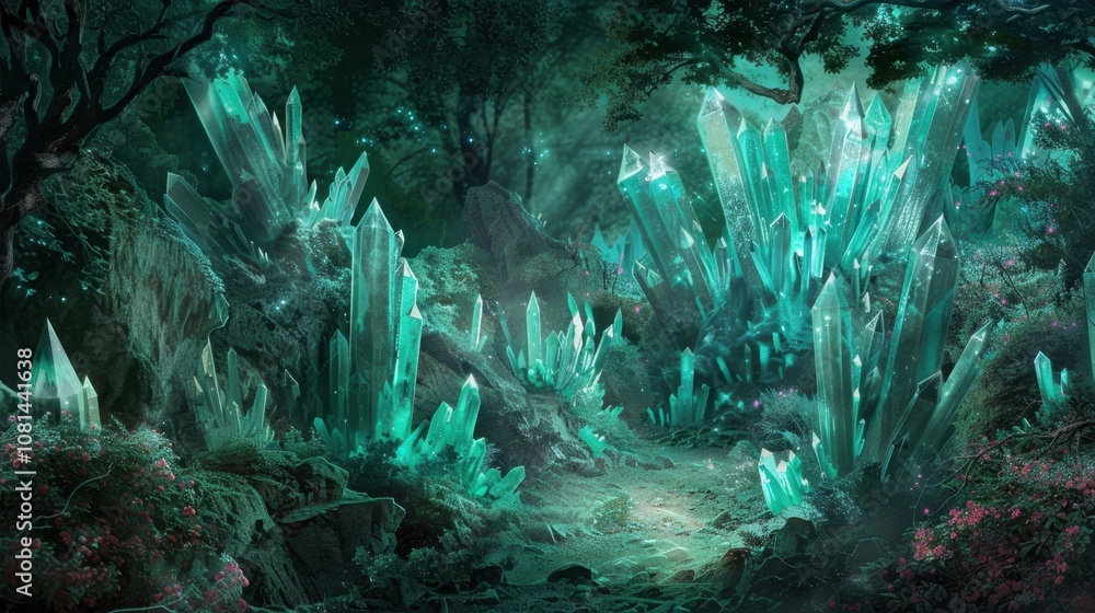 Poster a secret cave hidden deep in the forest where the walls are covered in intricate formations of emera