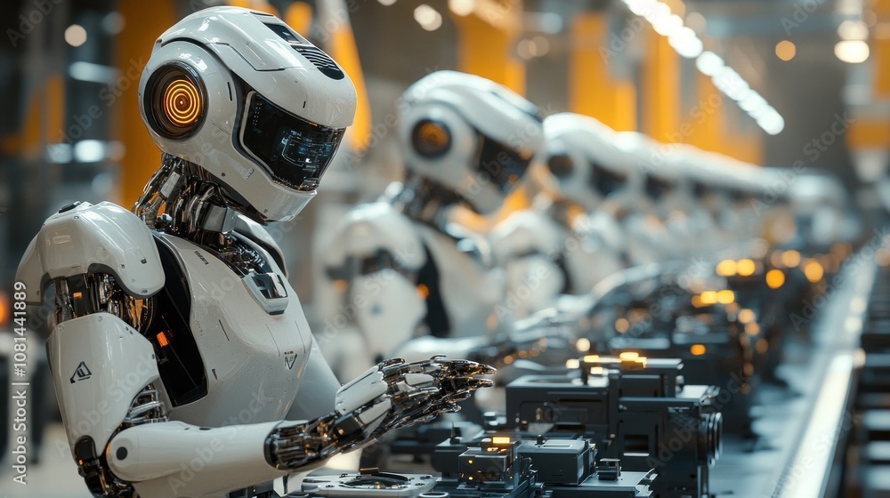 Poster row of white robots working on an assembly line in a factory.