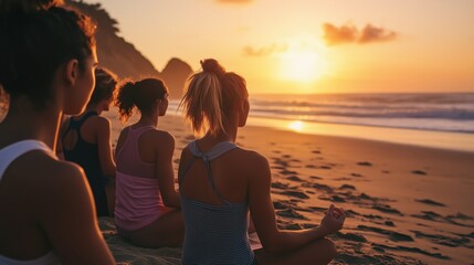 Group of women meditating on the beach at sunset, concept of mindfulness