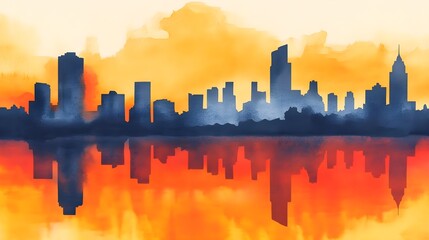 Watercolor City Skyline Sunset Reflection