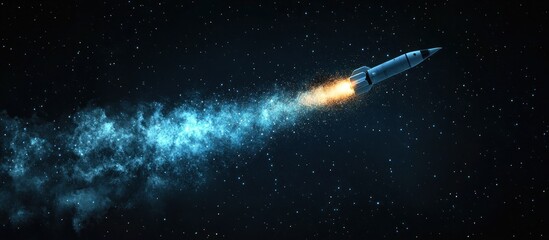 Fototapeta premium Rocket ship flying through space, leaving a trail of smoke.