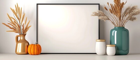A minimalist interior scene with a neutral color palette featuring a framed empty space a vase with dried foliage a pumpkin and other natural accents  The composition creates a cozy modern