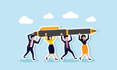 several businessmen working together to lift a giant pen, illustration of teamwork in designing a business strategy