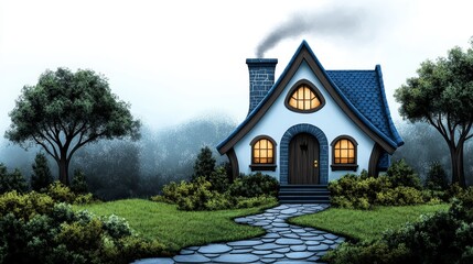 Enchanting Blue Cottage in Misty Forest Cozy Home Dream House Illustration