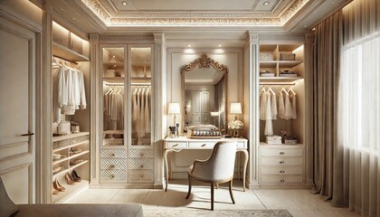 elegant, spacious dressing room with a full-length mirror, a dressing table, and lots of storage for clothes and accessories. The furniture should be stylish and functional. Generative AI