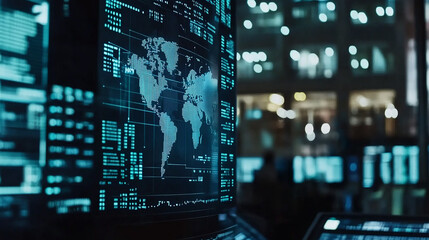 A close-up shot of a computer screen displaying a world map with data and a blurred background of city lights.