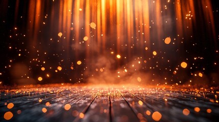 Fototapeta premium The spacious stage, orange lights and flying sparks create a cinematic atmosphere. The background has fog, depth of field, and bokeh effects, presenting a surreal and dramatic scene
