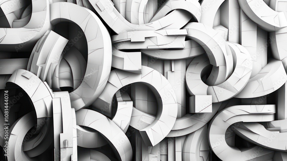 Poster abstract white 3d shapes with a textured surface and a chaotic arrangement.