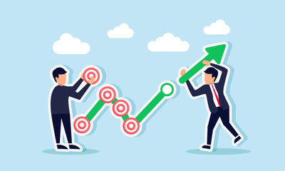 Businessmen collaborate to arrange a rising green chart marked with a target board, illustration of teamwork to boost business performance in achieving goals