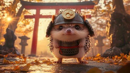 Proud Little Hedgehog in Samurai Helmet