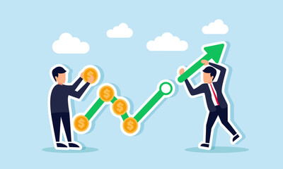 businessmen work together to arrange a rising green chart marked with a dollar coin, illustration of teamwork in boosting business profit and revenue