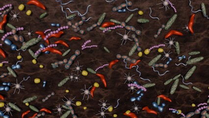 Soil microbiome. Bacteria, microbes in soil.  Many micro-organisms in soil. Microscopic life underground below the earth.  3d render illustration