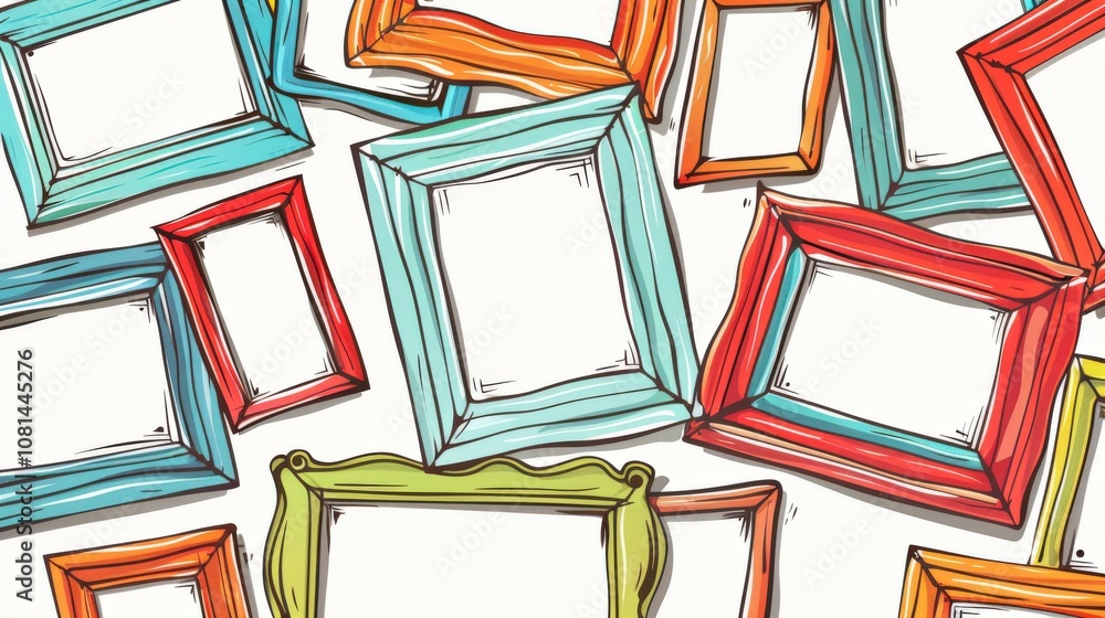 Poster colorful and decorative empty picture frames with unique designs on a bright background perfect for 